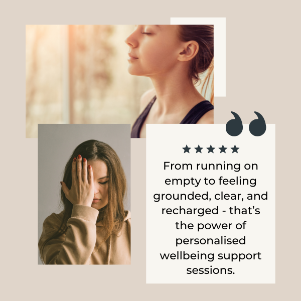 Two women, one with a neutral expression and the other with a hand on her head, against a beige background with text about personalised wellbeing support sessions.