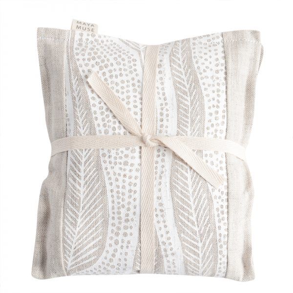 Maya Muse Wheat Heat Bag – Linen & Lavender, Barangaroo Print folded in half and tied with a ribbon