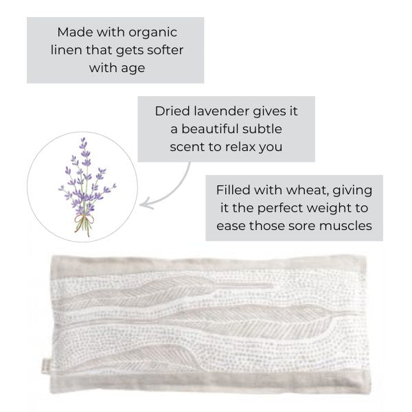 Maya Muse Wheat Heat Bag – Linen & Lavender, Barangaroo Print with benefits listed