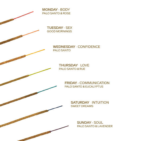 Palo Santo incense sticks with corresponding days of the week and diffuser blends on a white background