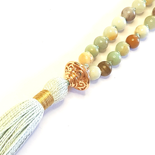 Handmade Arogitā Mala Necklace – Health, Happiness & Emotional Balance - close up of gold filigree guru bead