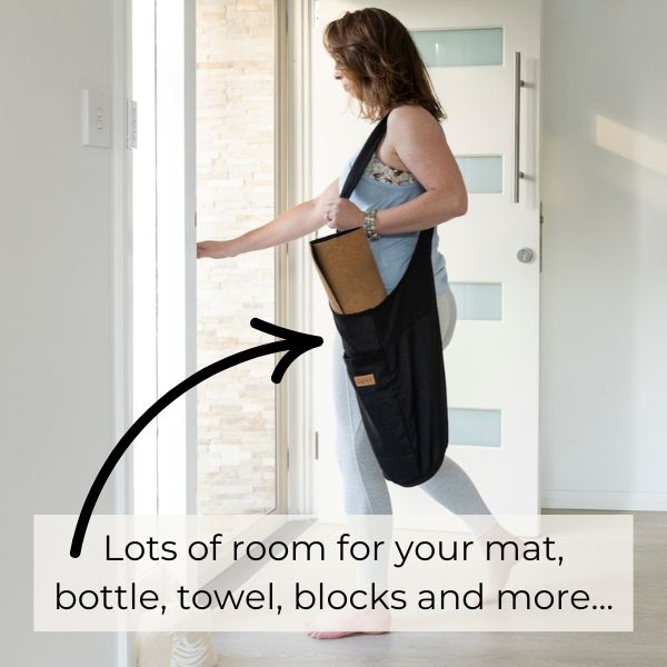 Woman carrying Yoga Mat Bag with note about how spacious it is