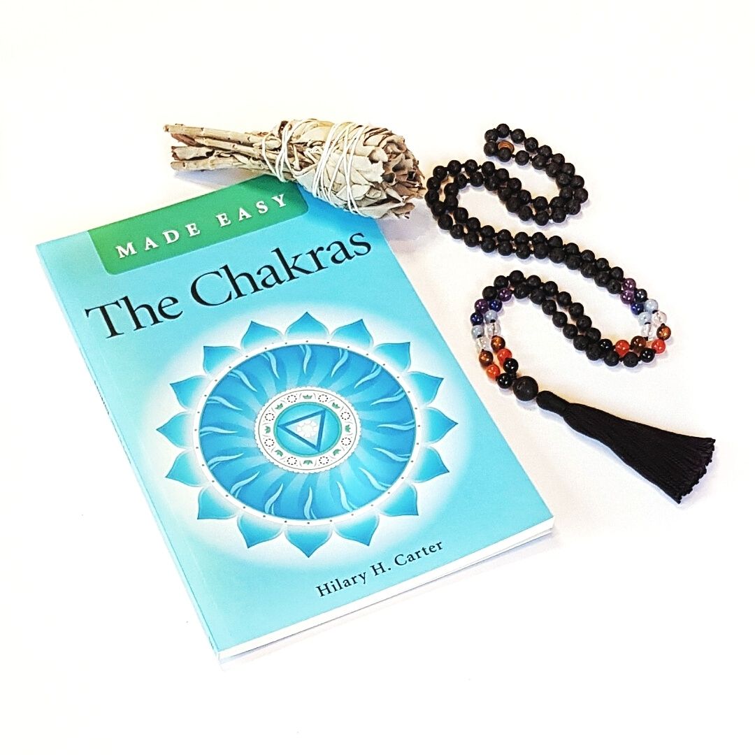 The Chakra Made Easy book, Handmade Lava and Crystal Chakra Balancing Mala and sustainable white sage smudge stick