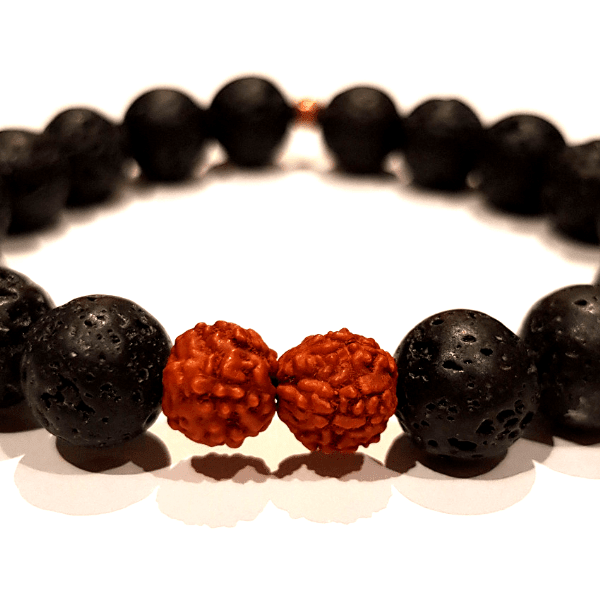 Close up of Handmade Grounding Bracelet – Lava Stone & Rudraksha on white background