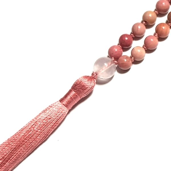 Close up Handmade Heart Chakra Mala Necklace – Rhodochrosite & Rose Quartz for Love tassel