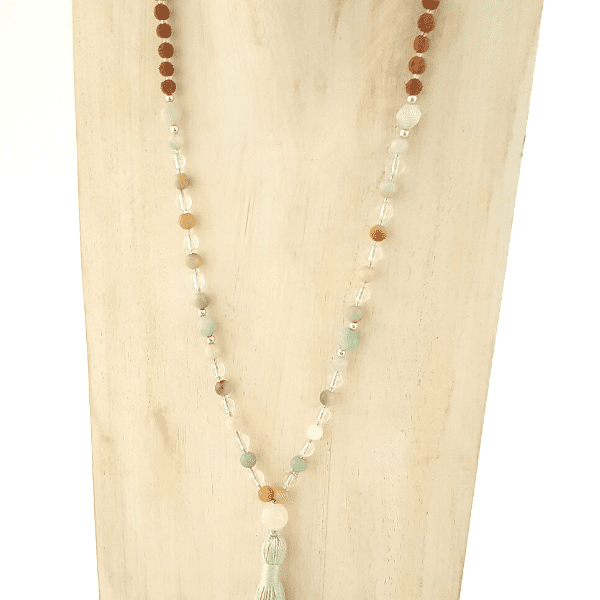 Close up of handmade Affirmation Mala Necklace – Amazonite, Quartz & Rudraksha