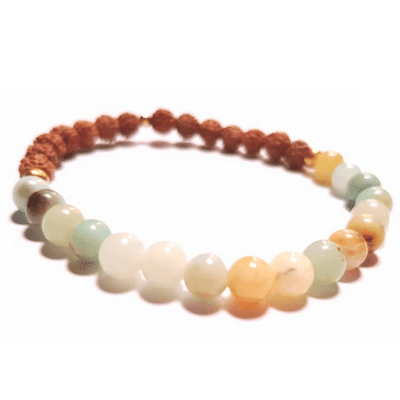 Close up of handmade Arogitā Bracelet – Amazonite & Rudraksha for Health & Happiness on white background