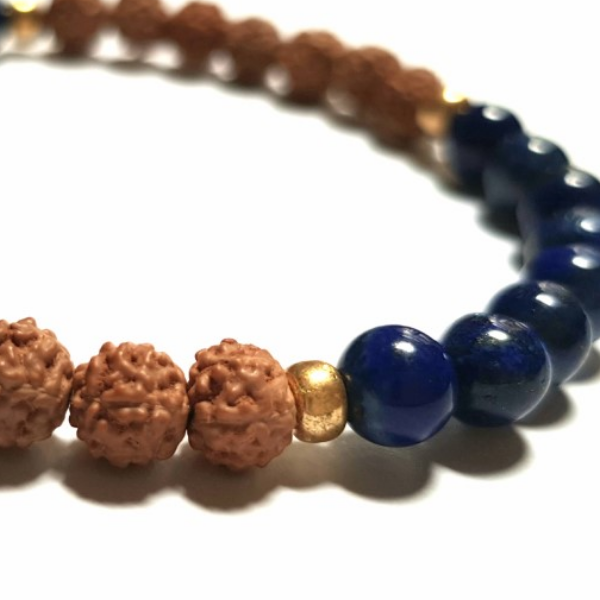 Close up of handmade Insight Bracelet – Lapis Lazuli & Rudraksha for Clarity & Balance beads