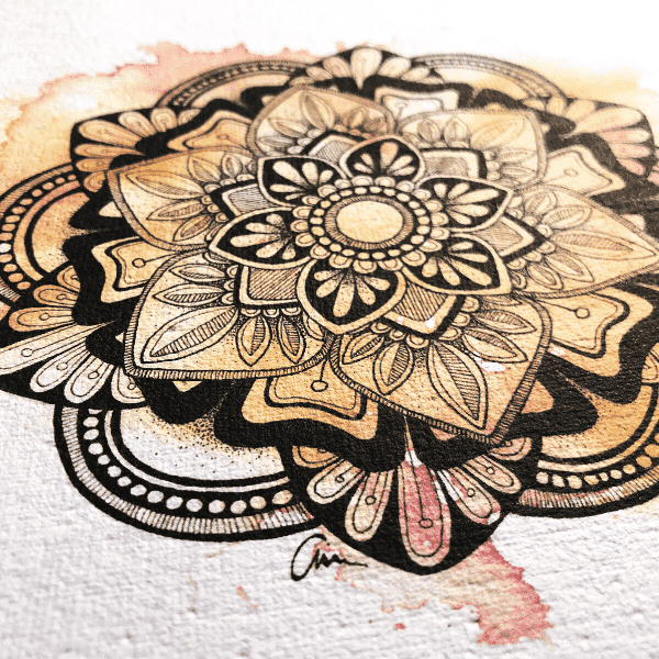 Close up of Summer of mandala design with pink water colour background designed by Aimee Fergusson