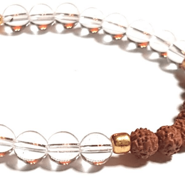 Close up of Quartz and Rudraksha Handmade Bracelet