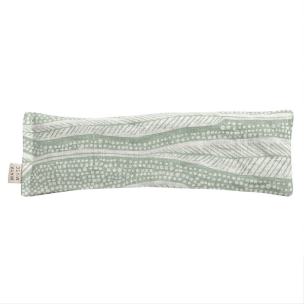 Handmade lavender infused organic cotton screen painted eye pillow with green sage eucalyptus pattern 