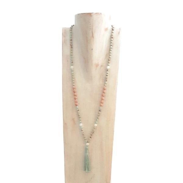 Handmade rosewood, moonstone and imperial snake skin jasper Focusing Mala necklace on jewellery bust