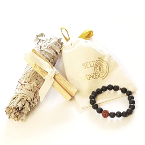 Sustainable medium white smudge sticks, Palo Santo, Seeds of Wonder's jewellery pouch and Alignment lava and Rudraksha bead bracelet