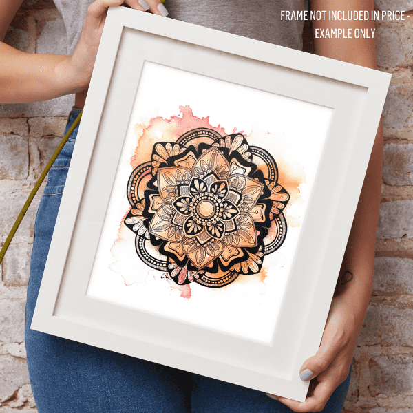 Summer mandala design with orange and pink water colour background in frame, designed by Aimee Fergusson