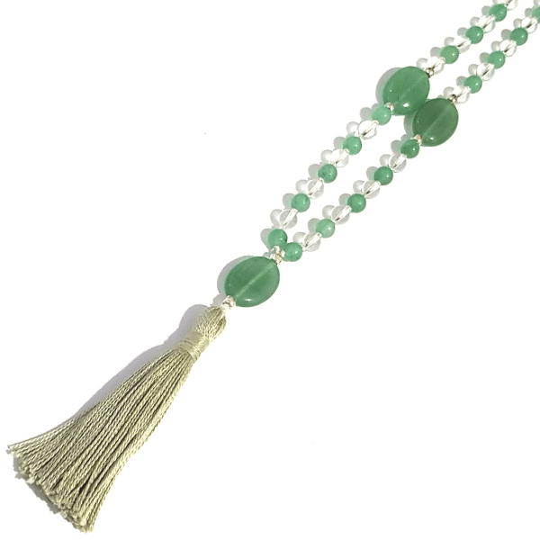Close up on handmade Green Aventurine and Quartz Good Fortune Mala necklace