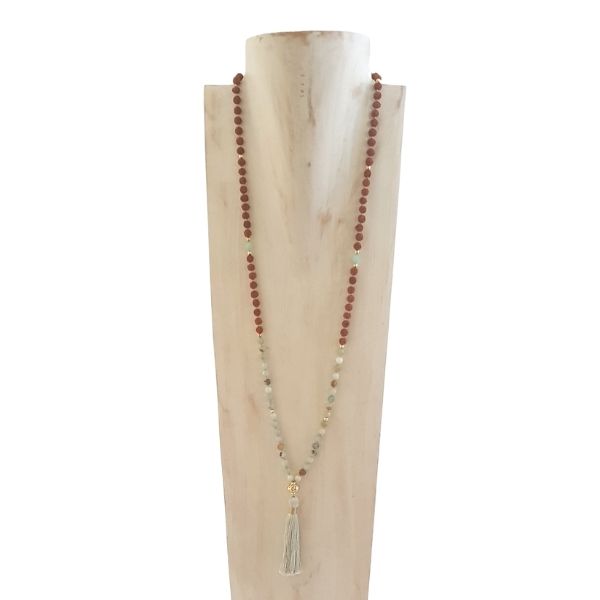 Handmade Amazonite and Rudraksha Arogita Mala necklace with gold filigree guru bead on jewellery bust