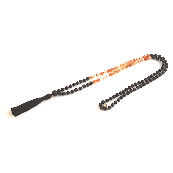 Handmade Creativity Mala Necklace – Carnelian & Lava for Passion & Energy looped on table