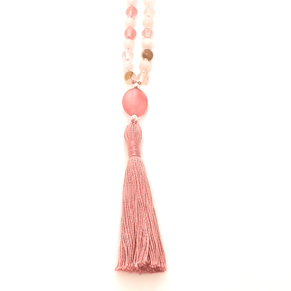 Close up of Handmade Harmony Mala Necklace – Tourmalinated Quartz, Morganite, Rudrakshal tassel