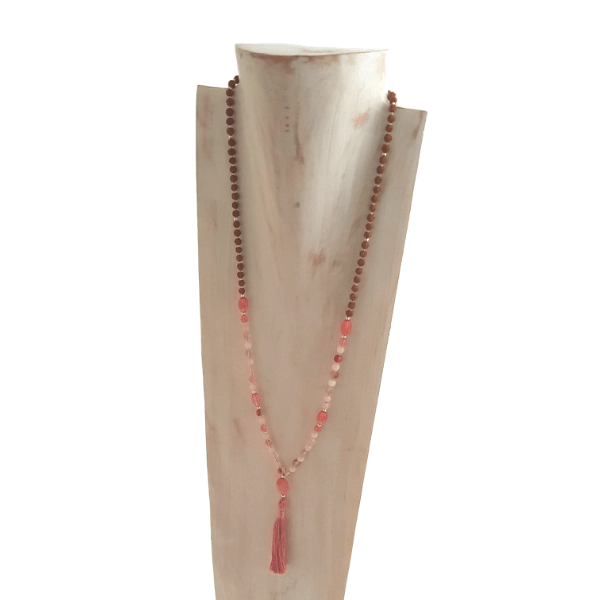 Handmade Handmade Harmony Mala Necklace – Tourmalinated Quartz, Morganite, Rudraksha on jewellery bust