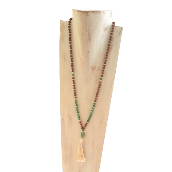 HandmadeProsperity Mala Necklace – Green Aventurine & Rudraksha for Abundance on jewellery bust