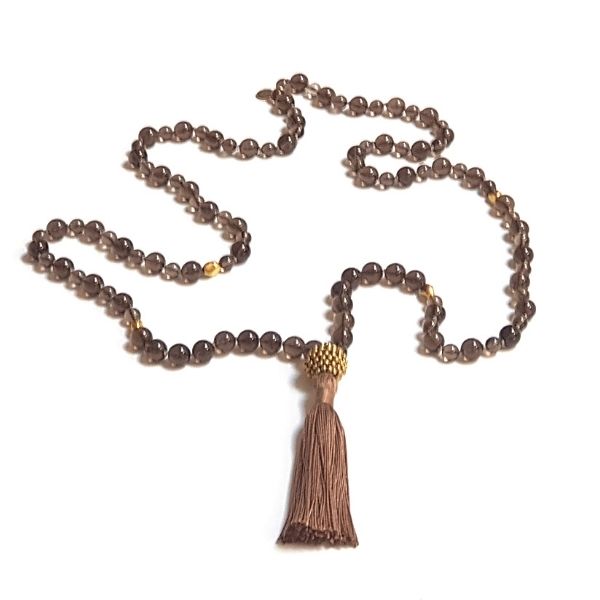 HandmadeRoot Chakra Mala Necklace – Smokey Quartz for Grounding & Stability loosely laid on table