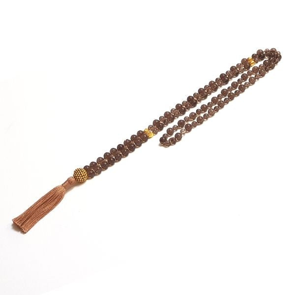 HandmadeRoot Chakra Mala Necklace – Smokey Quartz for Grounding & Stability looped on table