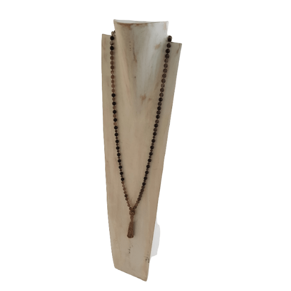 HandmadeRoot Chakra Mala Necklace – Smokey Quartz for Grounding & Stability on jewellery bust