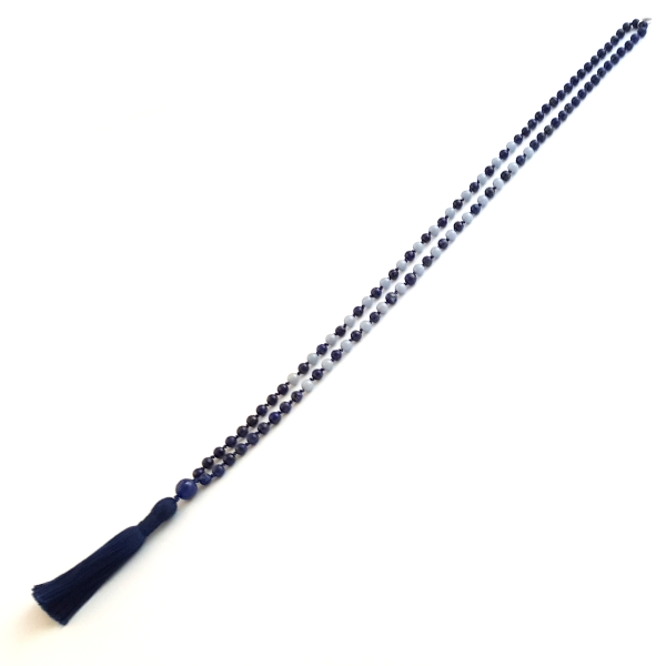 Handmade HandmadeThird Eye Chakra Mala Necklace – Lapis Lazuli & Angelite for Clarity laid on table