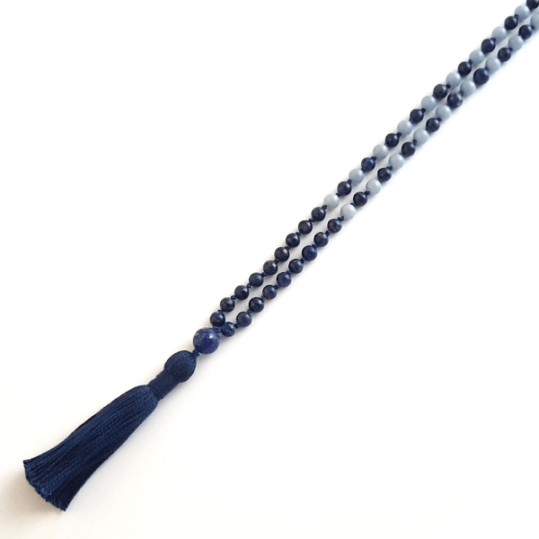 Close up of HandmadeThird Eye Chakra Mala Necklace – Lapis Lazuli & Angelite for Clarity