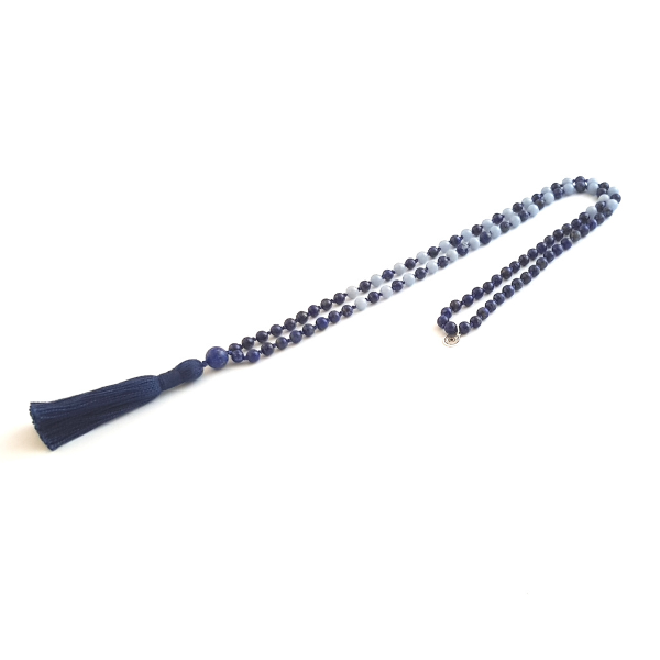 HandmadeThird Eye Chakra Mala Necklace – Lapis Lazuli & Angelite for Clarity looped on table