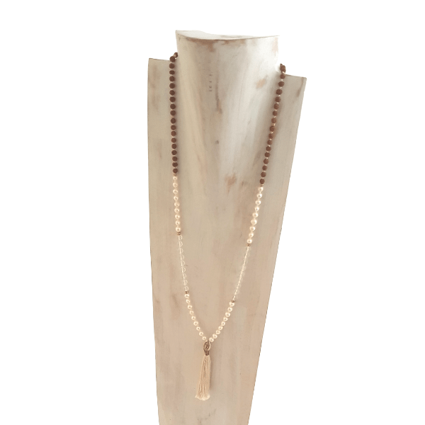 Handmade Wisdom Mala – Freshwater Pearls, Quartz & Rudraksha Beads necklace with leaf charm on tassel on jewellery bust