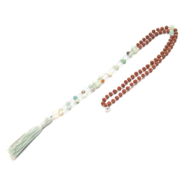 Handmade Affirmation Mala Necklace – Amazonite, Quartz & Rudraksha looped on white table