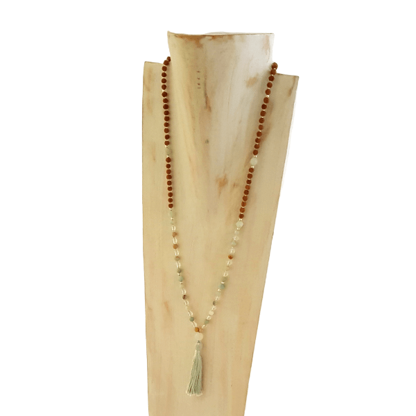 Close up of handmade Affirmation Mala Necklace – Amazonite, Quartz & Rudraksha bust