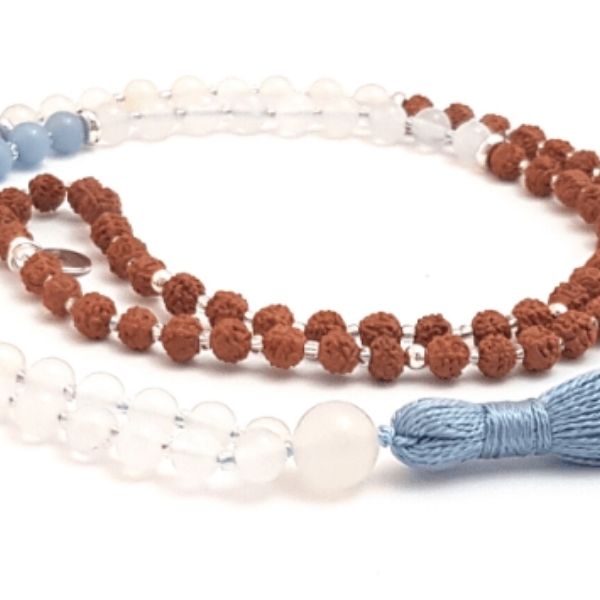 Close up of handmade Angel Mala Necklace – Angelite, Rudraksha & White Agate necklace 
