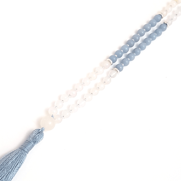 Close up of handmade Angel Mala Necklace – Angelite, Rudraksha & White Agate