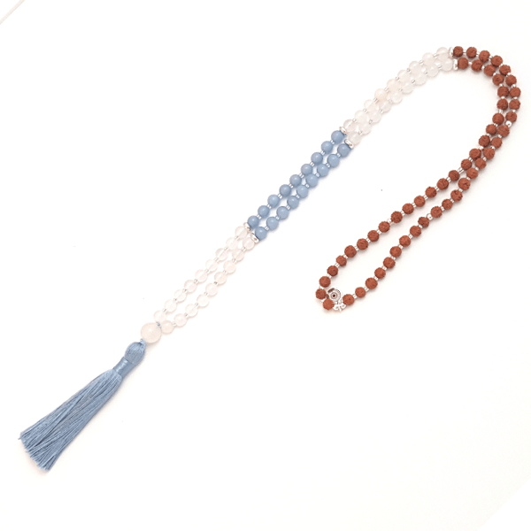 Handmade Angel Mala Necklace – Angelite, Rudraksha & White Agate looped on table