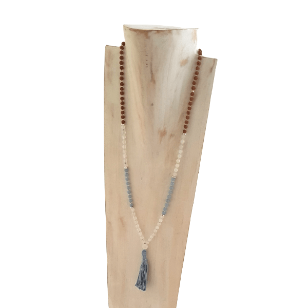 Handmade Angel Mala Necklace – Angelite, Rudraksha & White Agate on jewellery bust