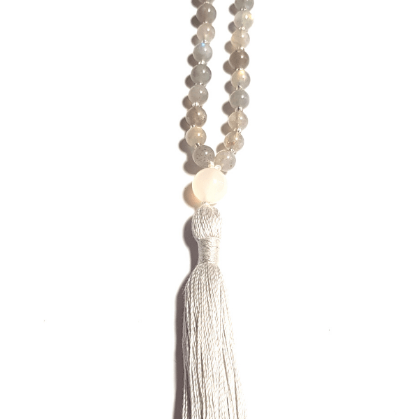 Close up of Balancing Mala Necklace - Labradorite – Protection, Clarity & Balance tassel and beads