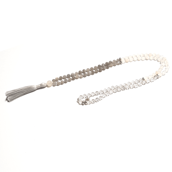 Handmade Balancing Mala Necklace - Labradorite – Protection, Clarity & Balance looped on table