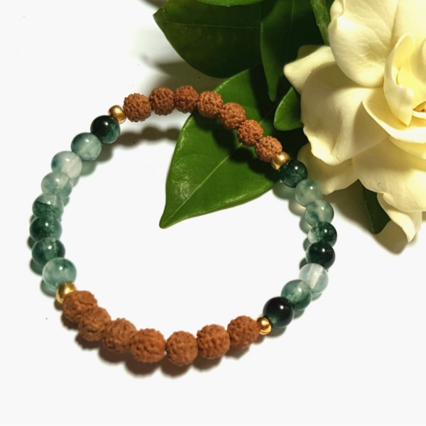 Handmade Benevolence Bracelet – Malaysian Jade & Rudraksha with gardenia flower
