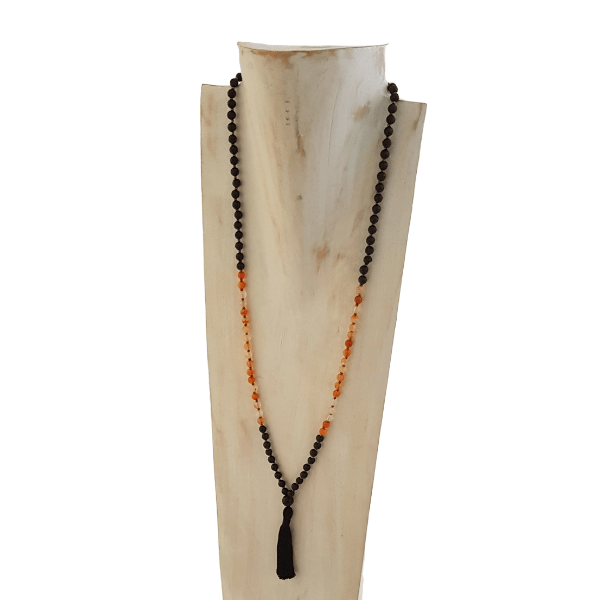 Handmade Creativity Mala Necklace – Carnelian & Lava for Passion & Energy on jewellery bust