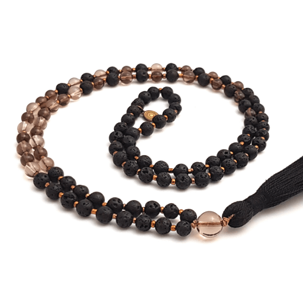 Earthing Mala Necklace – Smokey Quartz & Lava for Balance on table