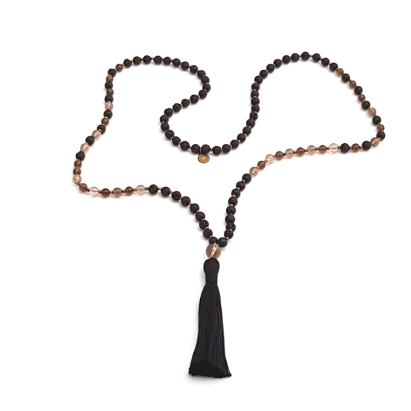 Handmade Earthing Mala Necklace – Smokey Quartz & Lava for Balance laid loosely on table