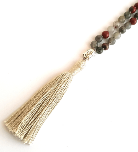 Close up of Handmade Empowering Mala Necklace – Bloodstone for Strength & Protection Buddha head guru bead