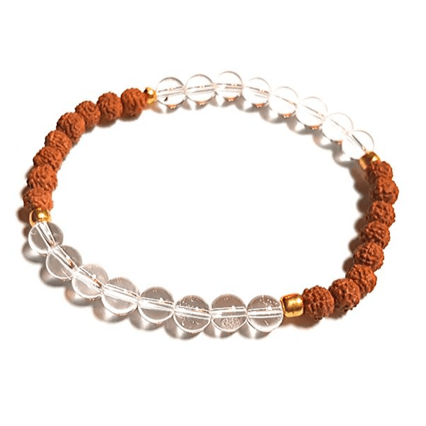 Handmade Energising Bracelet – Quartz & Rudraksha for Optimism & Balance on white background