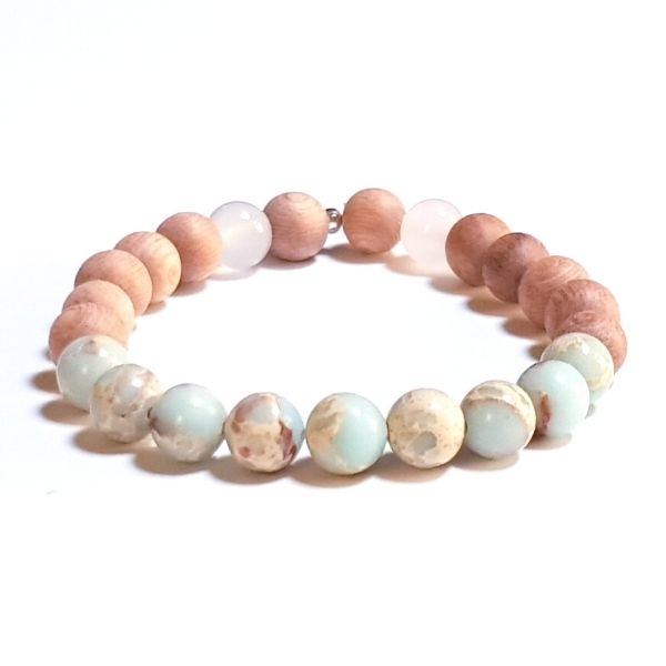 Handmade Focusing Bracelet – Rosewood, Moonstone & Jasper on white table