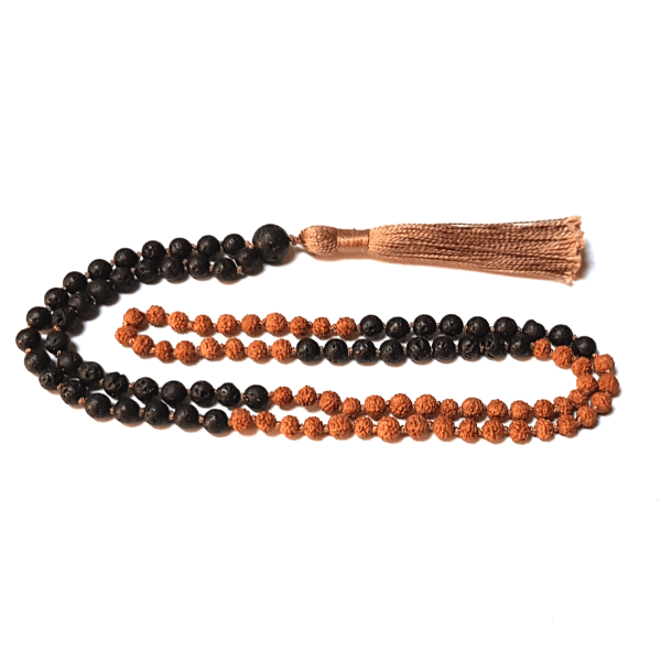 Handmade Grounding Mala Necklace – Lava & Rudraksha for Stability looped on table