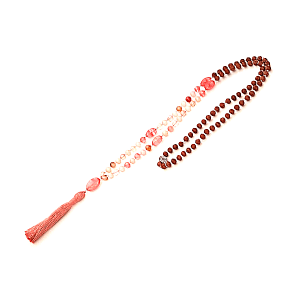 Handmade Harmony Mala Necklace – Tourmalinated Quartz, Morganite, Rudrakshallooped on table