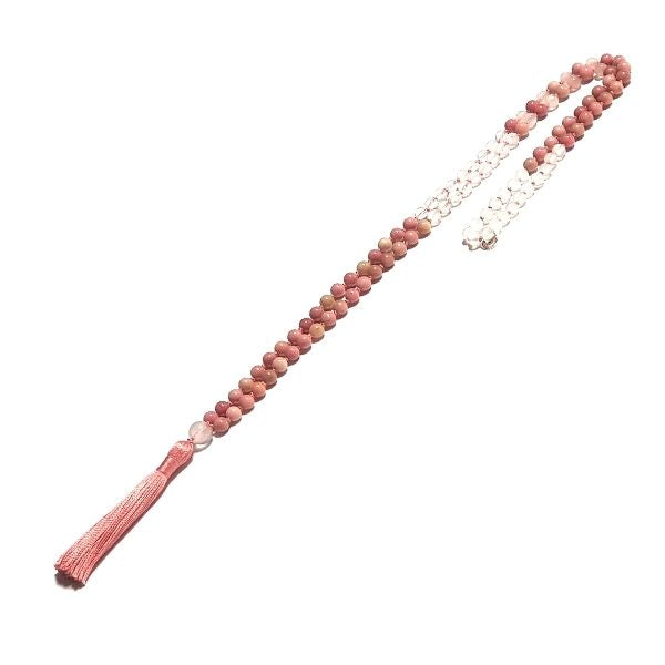 Handmade Heart Chakra Mala Necklace – Rhodochrosite & Rose Quartz for Love looped on table