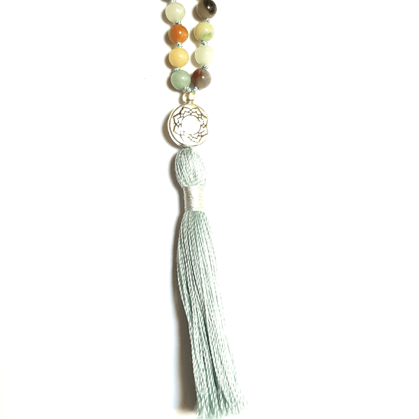 Close up of Handmade Hope Mala Necklace – Amazonite for Manifestation & Healing Lotus guru bead